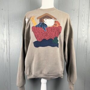VINTAGE 80s Handmade Granny Sweater Womens Large Noahs Ark Sunday School Art
